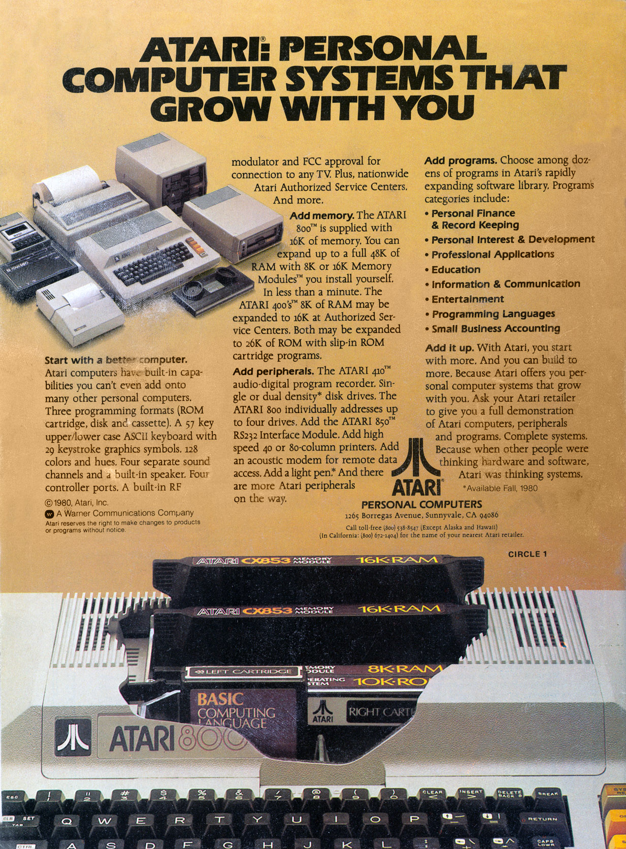 Atari 400 and 800 advertisement from Personal Computing 11/80