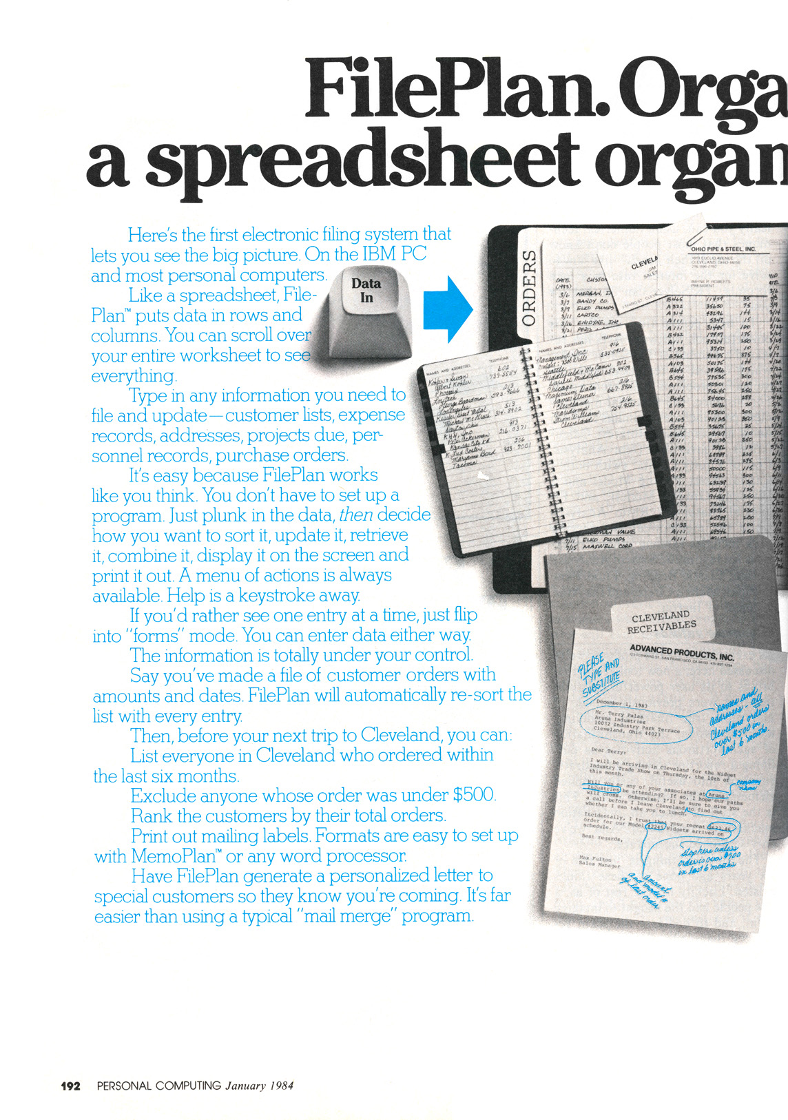 FilePlan advertisement from Personal Computing 1/84 (page 1)