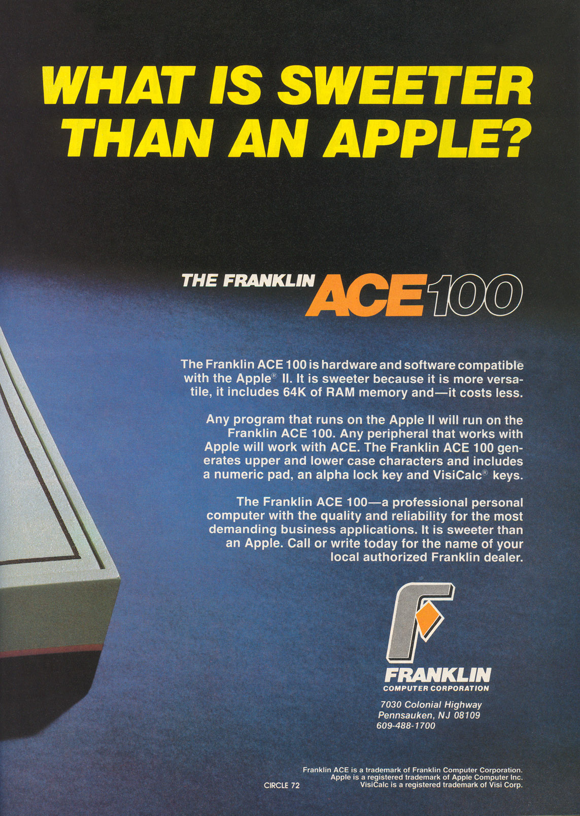 Franklin Ace 100 advertisement from Personal Computing 7/82 (page 2)