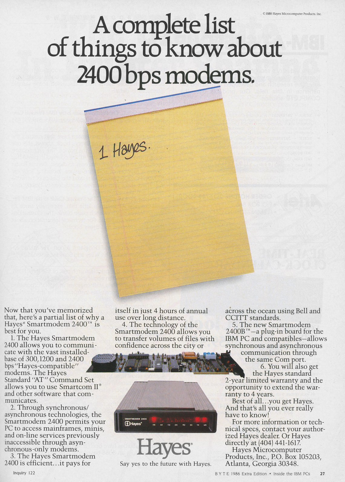 Hayes Smartmodem 2400 advertisement from Byte 11/88