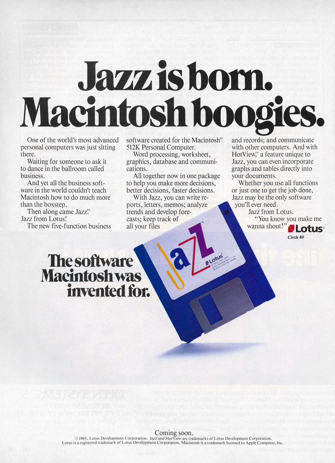 Jazz advertisement from Personal Computing 6/85 (page 1)