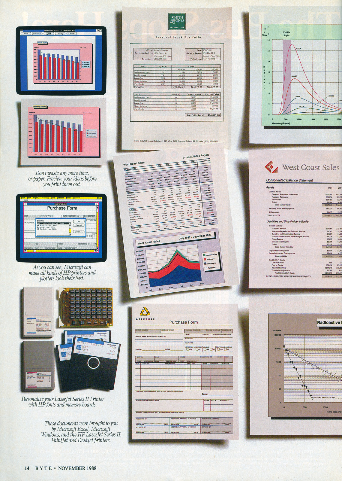 Excel and LaserJet II joint advertisement from Byte 12/88 (page 1)