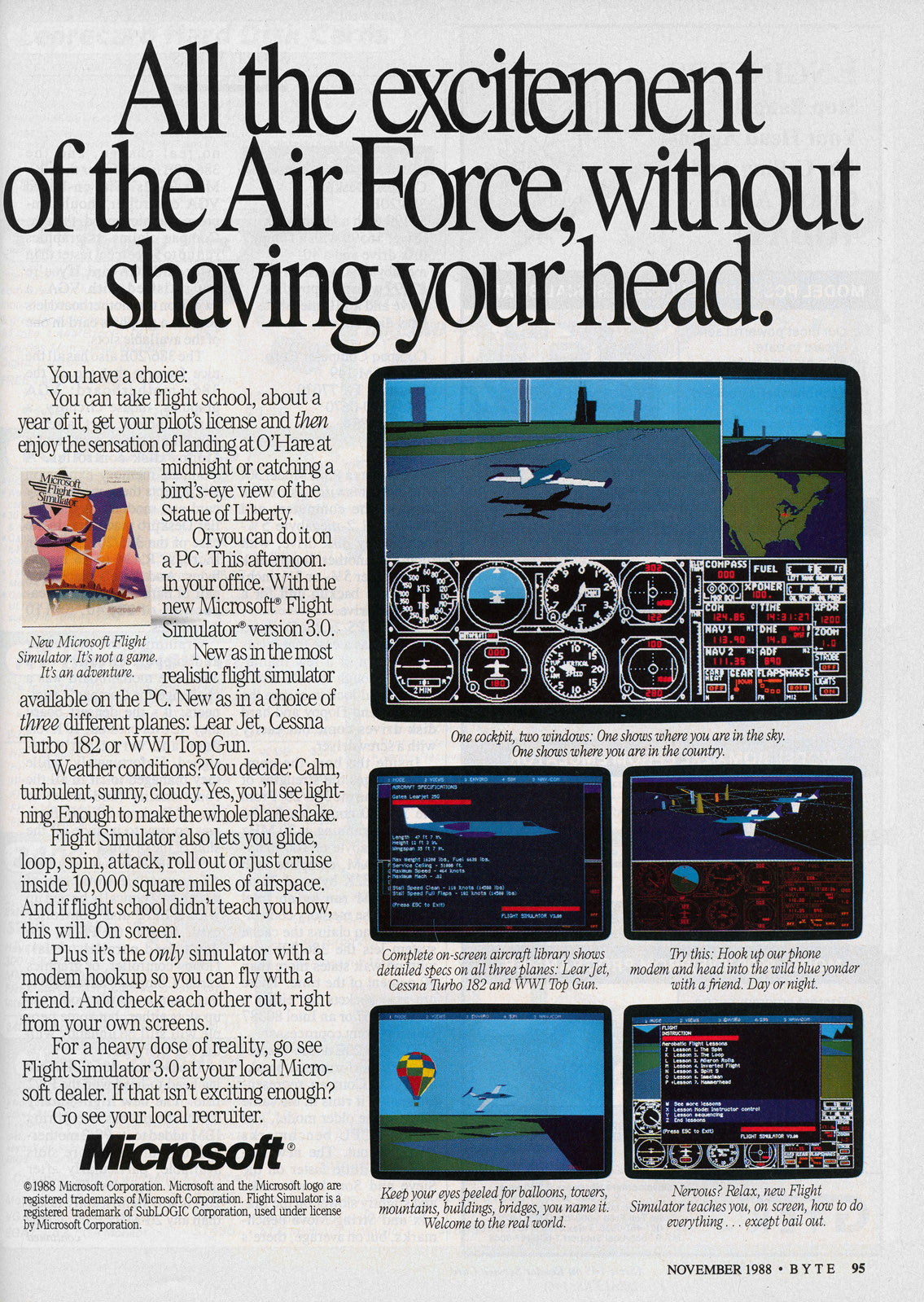 Flight Simulator 3.0 advertisement from Byte 12/88