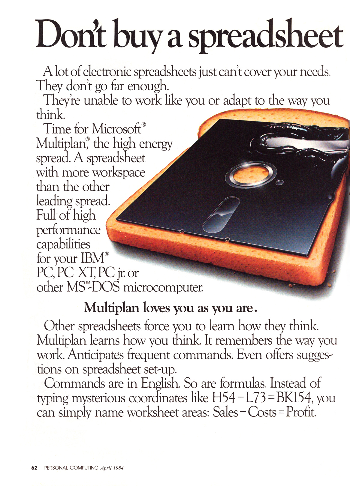 Multiplan advertisement from Personal Computing 4/84 (page 1)