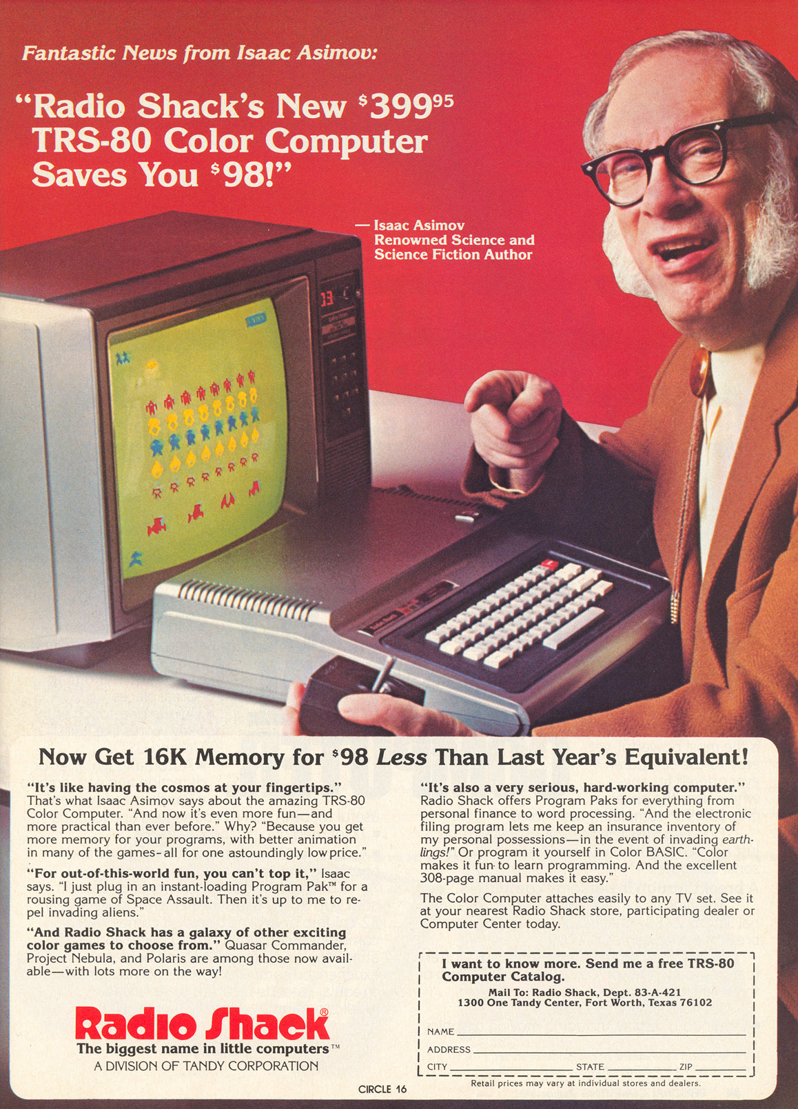 TRS-80 advertisement from Personal Computing 8/82, featuring Isaac Asimov