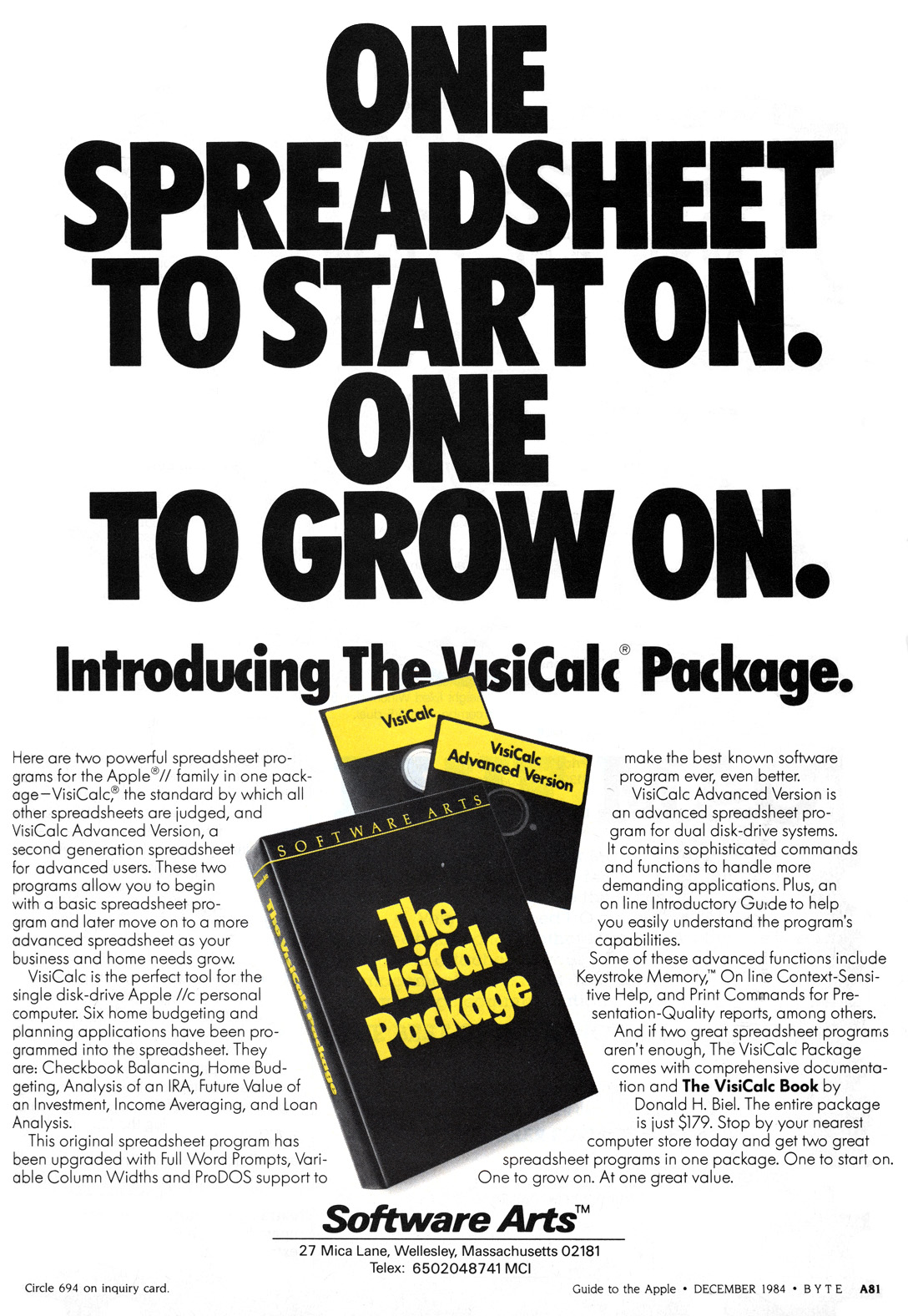 The VisiCalc Package advertisement from Byte 12/84