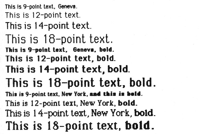 Figure 1: A sample printout from the Macintosh using its printer and the MacWrite word-processing program. The printout was obtained using MacWrite’s high-quality output mode, as opposed to the draft and ordinary quality modes. The output here is shown at 100 percent of actual size