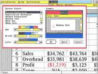 Behind the <i>Microsoft Excel</i> control panel that lets you choose screen colors is a spreadsheet that illustrates your ability to adjust the height of rows and show cell contents in color.