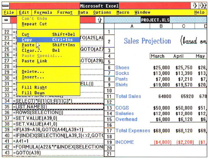 The edit menu is displayed in this <i>Excel</i> screen, which shows a spreadsheet in the right window and macro script in the left one.