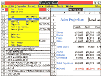 The edit menu is displayed in this <i>Excel</i> screen, which shows a spreadsheet in the right window and macro script in the left one.