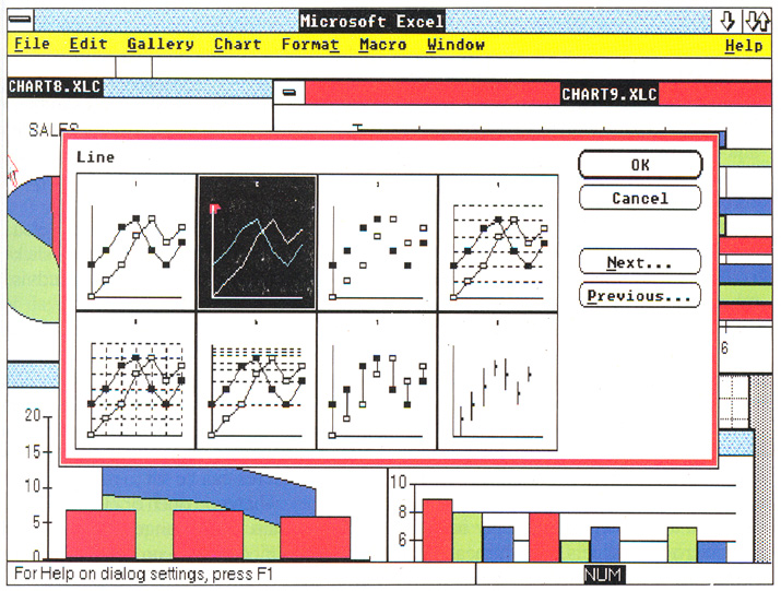 The preformatted line chart type in reverse video has been selected as the format for the active chart. In the background are different <i>Excel</i> charts, all displaying the same data.