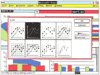 The preformatted line chart type in reverse video has been selected as the format for the active chart. In the background are different <i>Excel</i> charts, all displaying the same data.