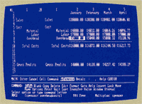 This simple balance sheet was generated using Multiplan. The program displays its command menus along the screen bottom