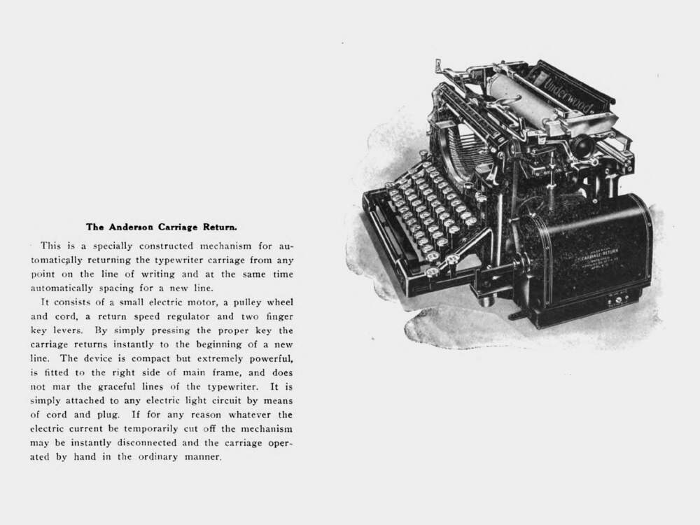 The electric Anderson Carriage Return extension was available as early as 1910, offering two new keys – <span class="key">Short Line</span> and <span class="key">Long Line</span> – for two different line spacings.