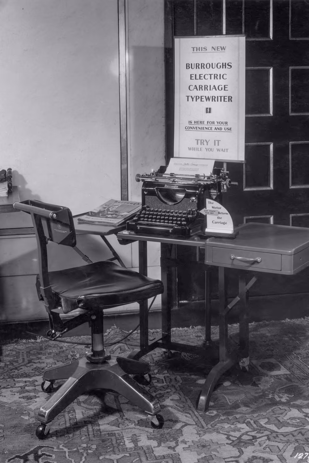 A demonstration station for a Burroughs typewriter with an electric carriage return, 1936